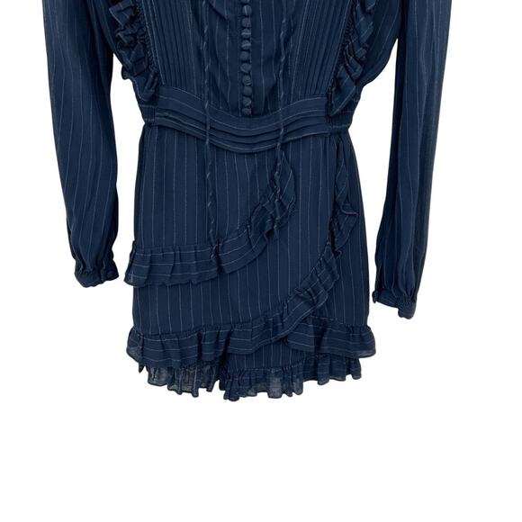 Maje Istra Ruffled Crepe Playsuit Romper Long‎ Sleeve Pinstripe Blue Size 34 XS - Picture 4 of 13